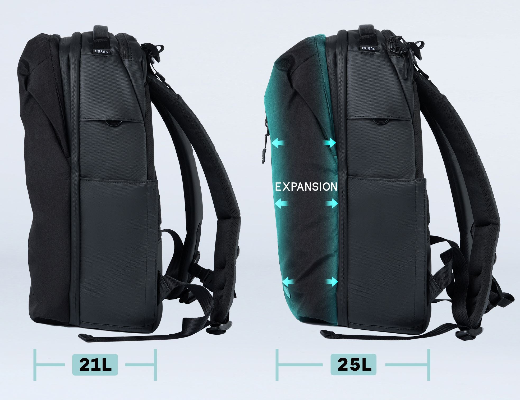 Ruksak MORAL BAGS Umago Ronin, crna, proširivi kapacitet od 21L do 25L, rPET nylon