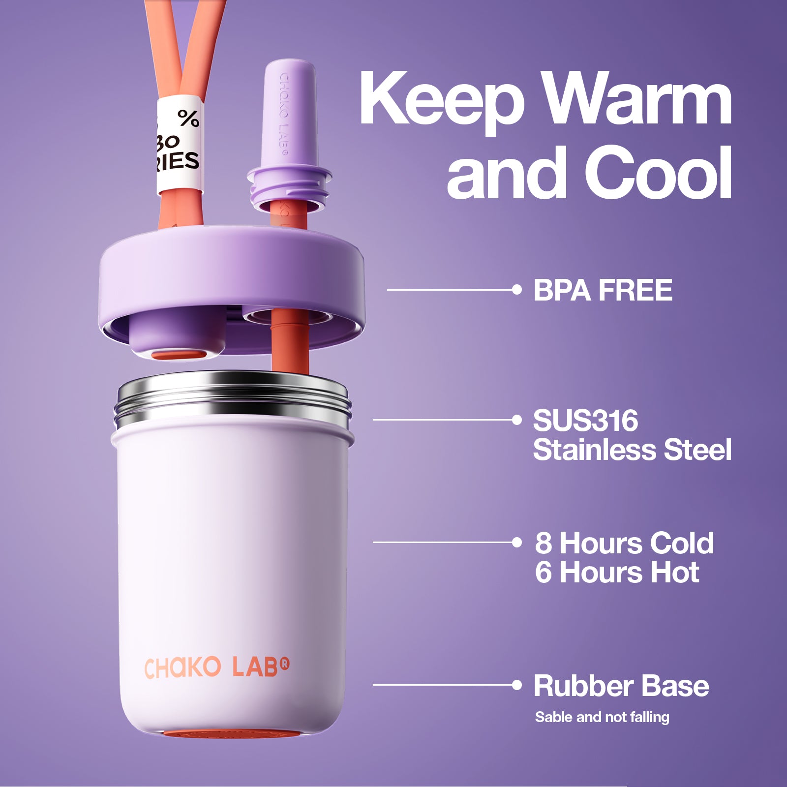 Chako Lab Bobo termos šalica i posuda 485ml, ljubičasta, BPA free, 8h hladno 6h vruće, gumena baza