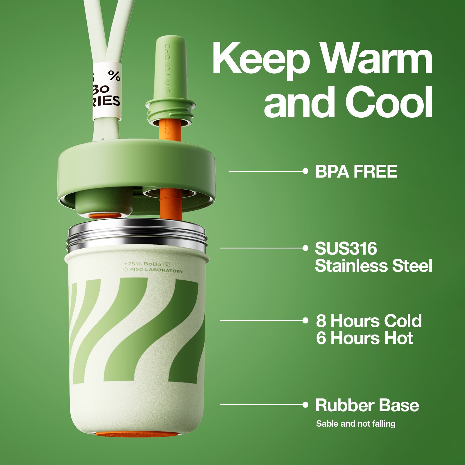 Chako Lab Bobo termos šalica i posuda 485ml, zelena, keramički premaz, 8h hladno 6h vruće, gumena baza