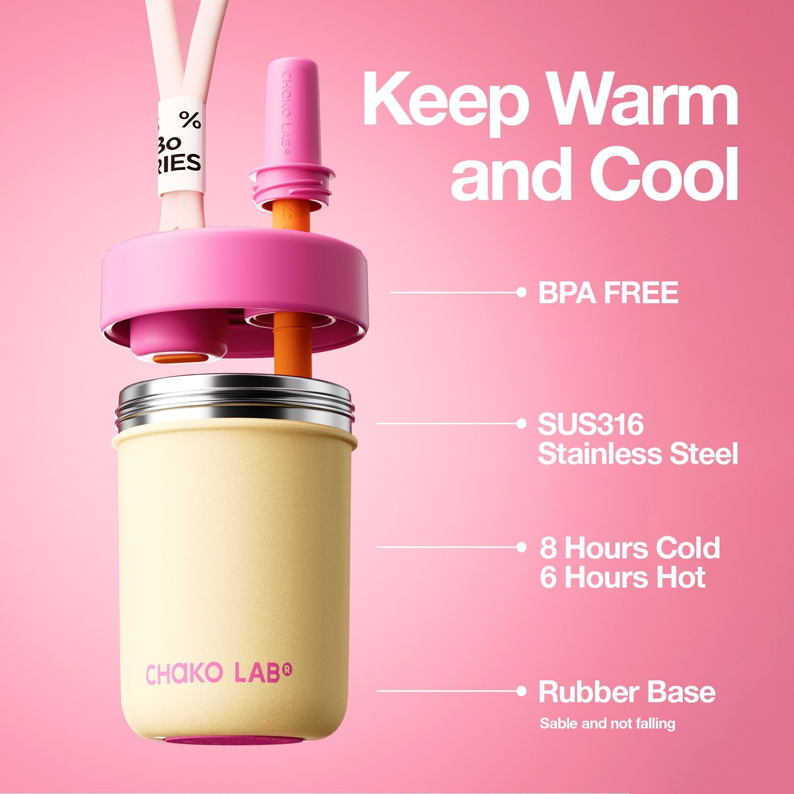 Chako Lab Bobo termos šalica i posuda 485ml, žuta, BPA free, 8h hladno 6h vruće, gumena baza