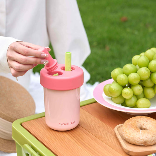 Chako Lab Bobo termos šalica i posuda 485ml, ružičasta, otvaranje poklopca slamke na pikniku